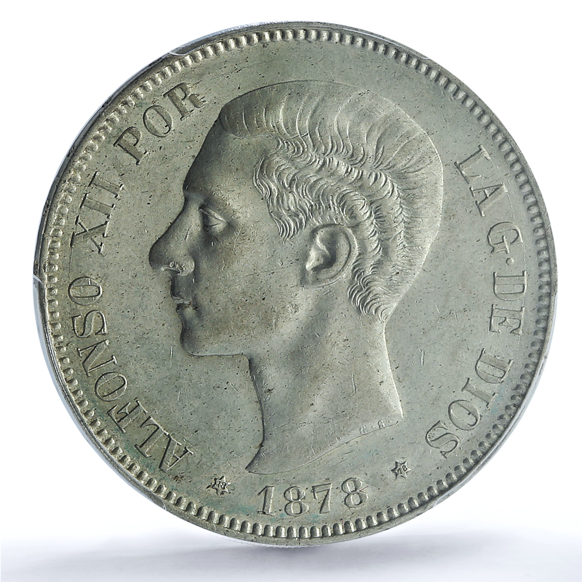 Spain 5 pesetas King Alfonso XII Coinage KM-676 AU55 PCGS silver coin 1878 Spain 5 pesetas King Alfonso XII Coinage KM-676 AU55 PCGS silver coin 1878