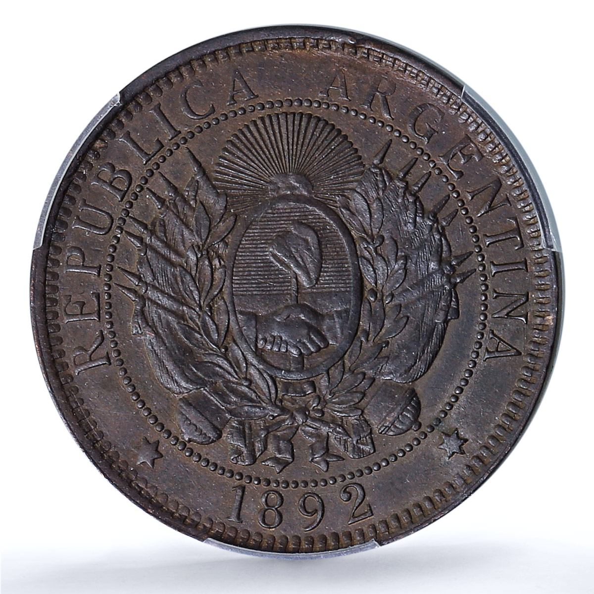 Argentina 2 centavos Republic Coinage Libertad KM-33 MS62 PCGS bronze coin 1892