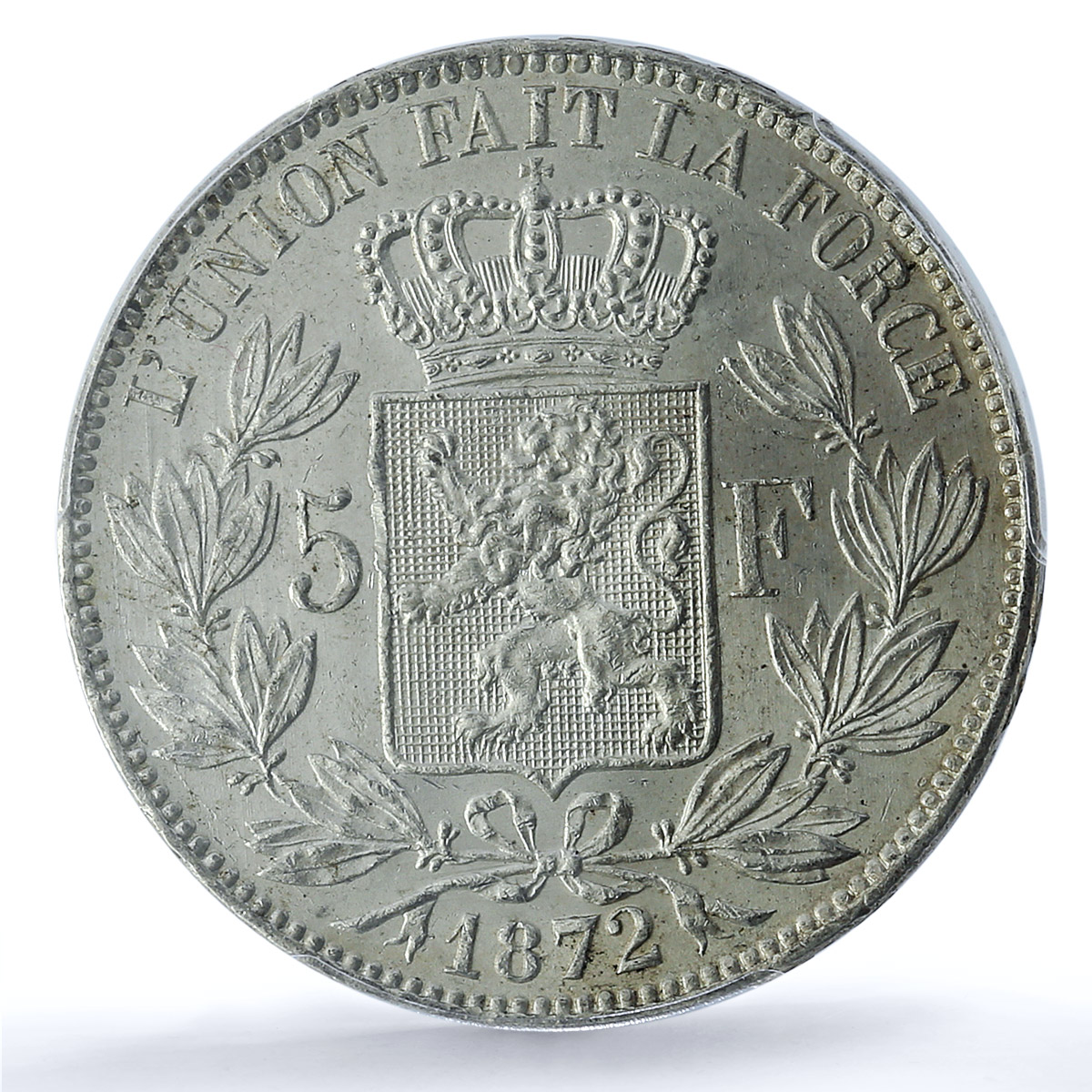 Belgium 5 francs King Leopold II Coinage KM-24 UNC PCGS silver coin 1872 Belgium 5 francs King Leopold II Coinage KM-24 UNC PCGS silver coin 1872