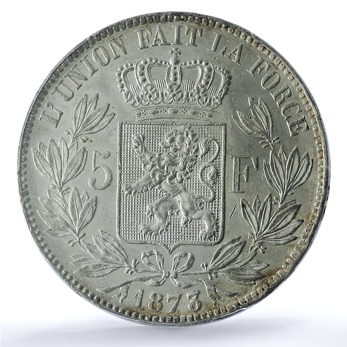 Belgium 5 francs Leopold II Coinage Position A KM-24 MS61 PCGS silver coin 1873 Belgium 5 francs Leopold II Coinage Position A KM-24 MS61 PCGS silver coin 1873