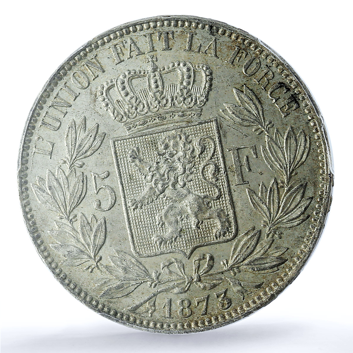 Belgium 5 francs Leopold II Coinage Position A KM-24 MS62 PCGS silver coin 1873