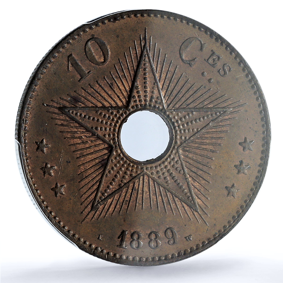 Belgium Congo Free State 10 centimes Leopold II Star MS63 PCGS copper coin 1889 Belgium Congo Free State 10 centimes Leopold II Star MS63 PCGS copper coin 1889