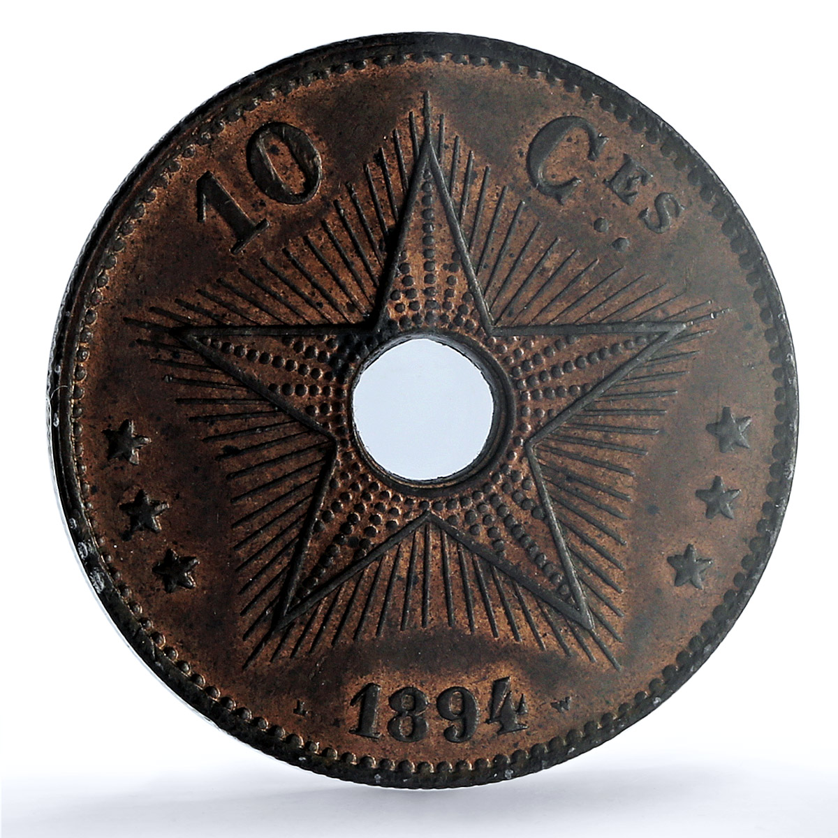 Belgium Congo Free State 10 centimes Leopold II Star MS63 PCGS copper coin 1894 Belgium Congo Free State 10 centimes Leopold II Star MS63 PCGS copper coin 1894