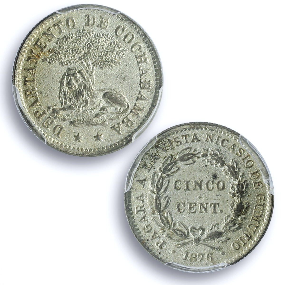 Bolivia 5 centavos Cochabamba Coinage Lion under Tree MS62 PCGS CuNi coin 1876