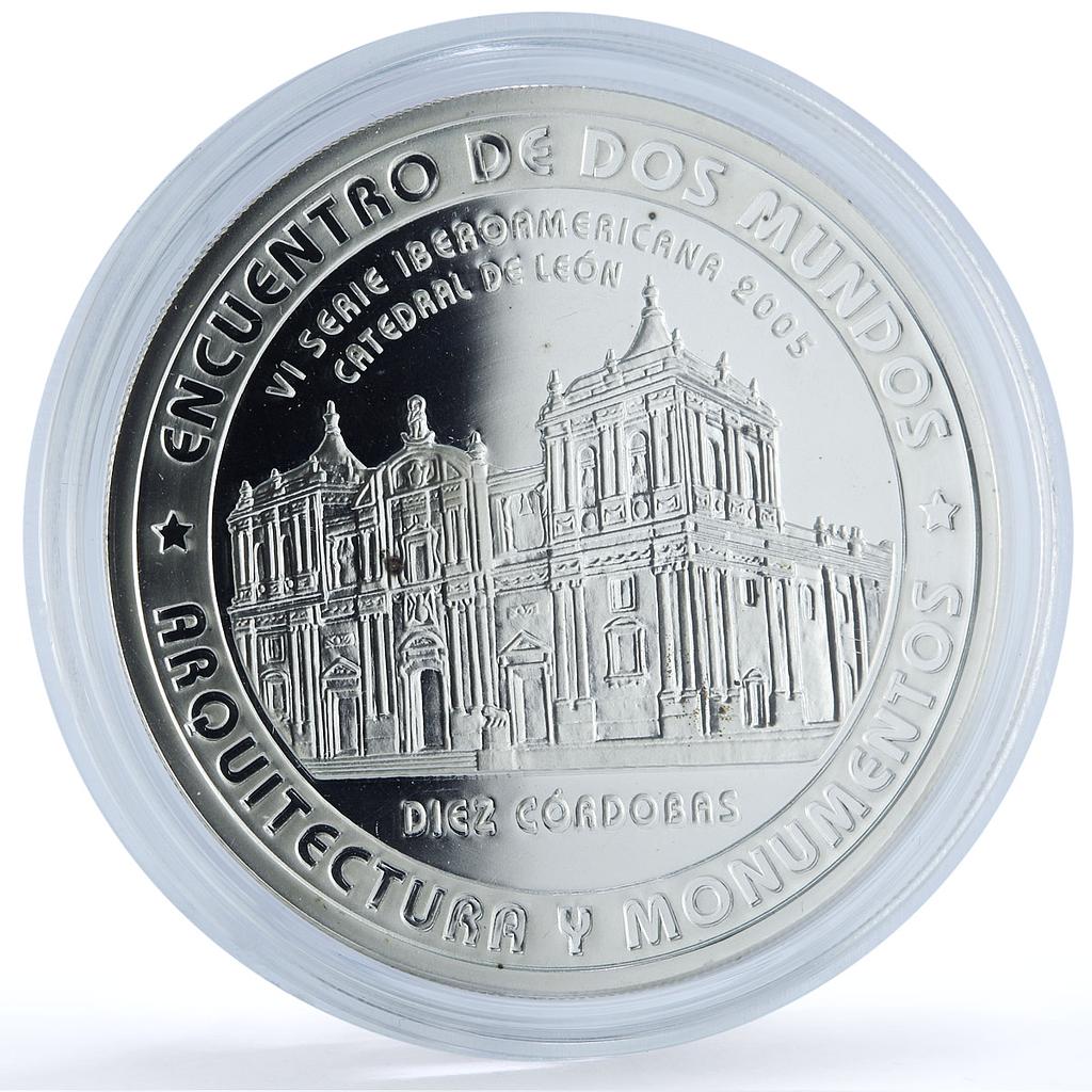 Nicaragua 10 cordobas Ibero-American Architecture KM-106 Church silver coin 2005