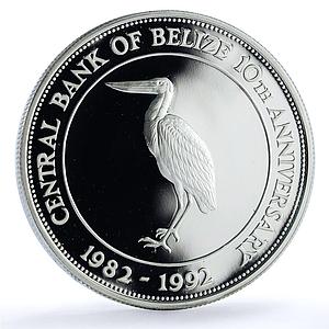 Belize 10 dollars Central Bank KM-104 Anniversary Bird proof silver coin 1992