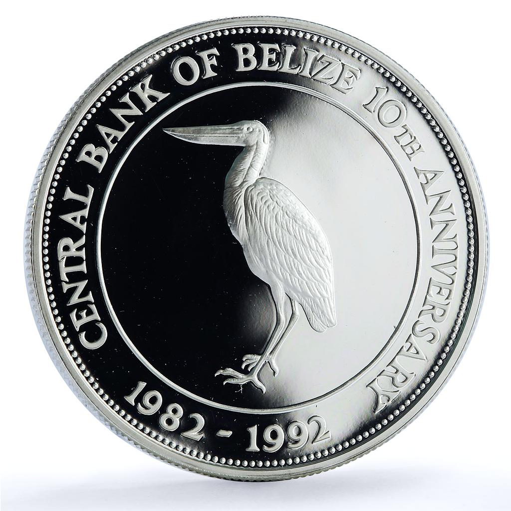 Belize 10 dollars Central Bank KM-104 Anniversary Bird proof silver coin 1992