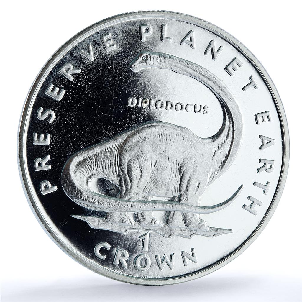 Isle of Man 1 crown Diplodocus KM-358a Preserve Planet Dinosaur silver coin 1993