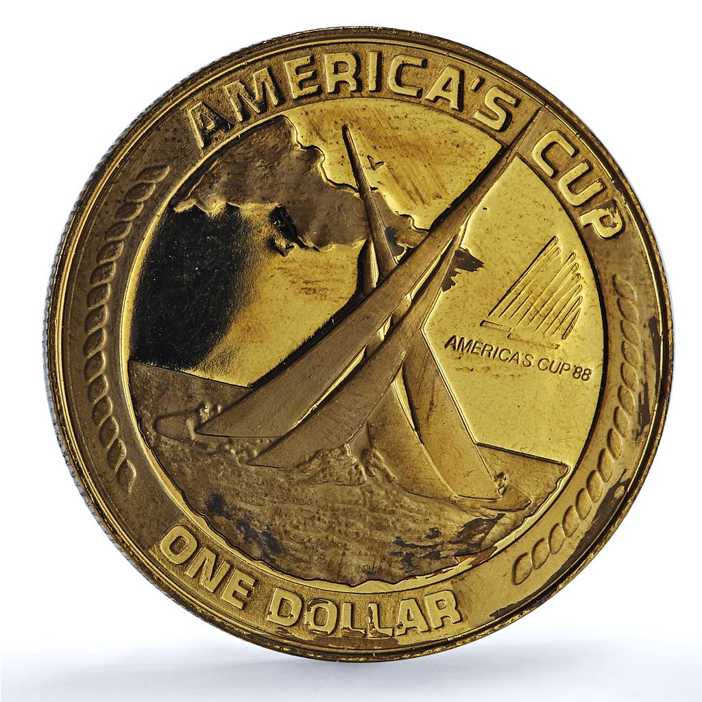American Samoa 1 dollar America Cup RE KM-1.1 Sports Ship proof bronze coin 1988