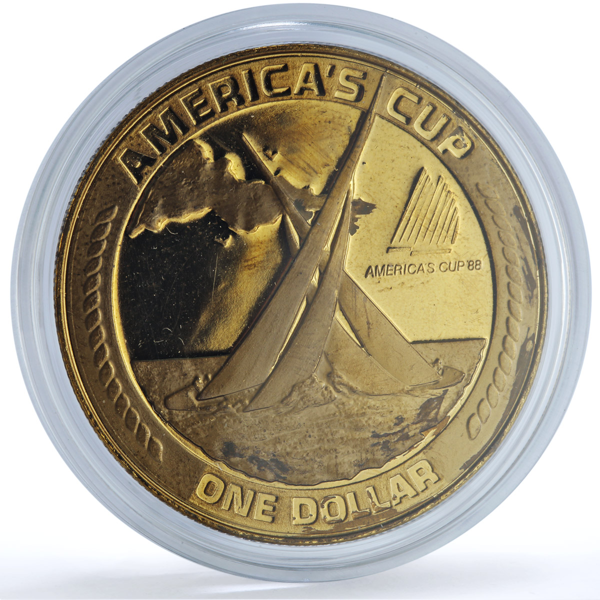 American Samoa 1 dollar America Cup RE KM-1.1 Sports Ship proof bronze coin 1988