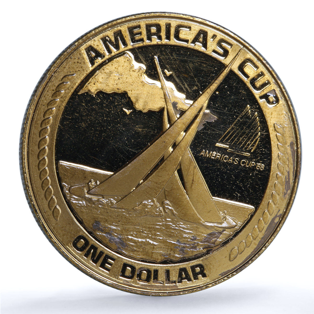 American Samoa 1 dollar America Cup RE KM-1.1 Sports Ship proof bronze coin 1988