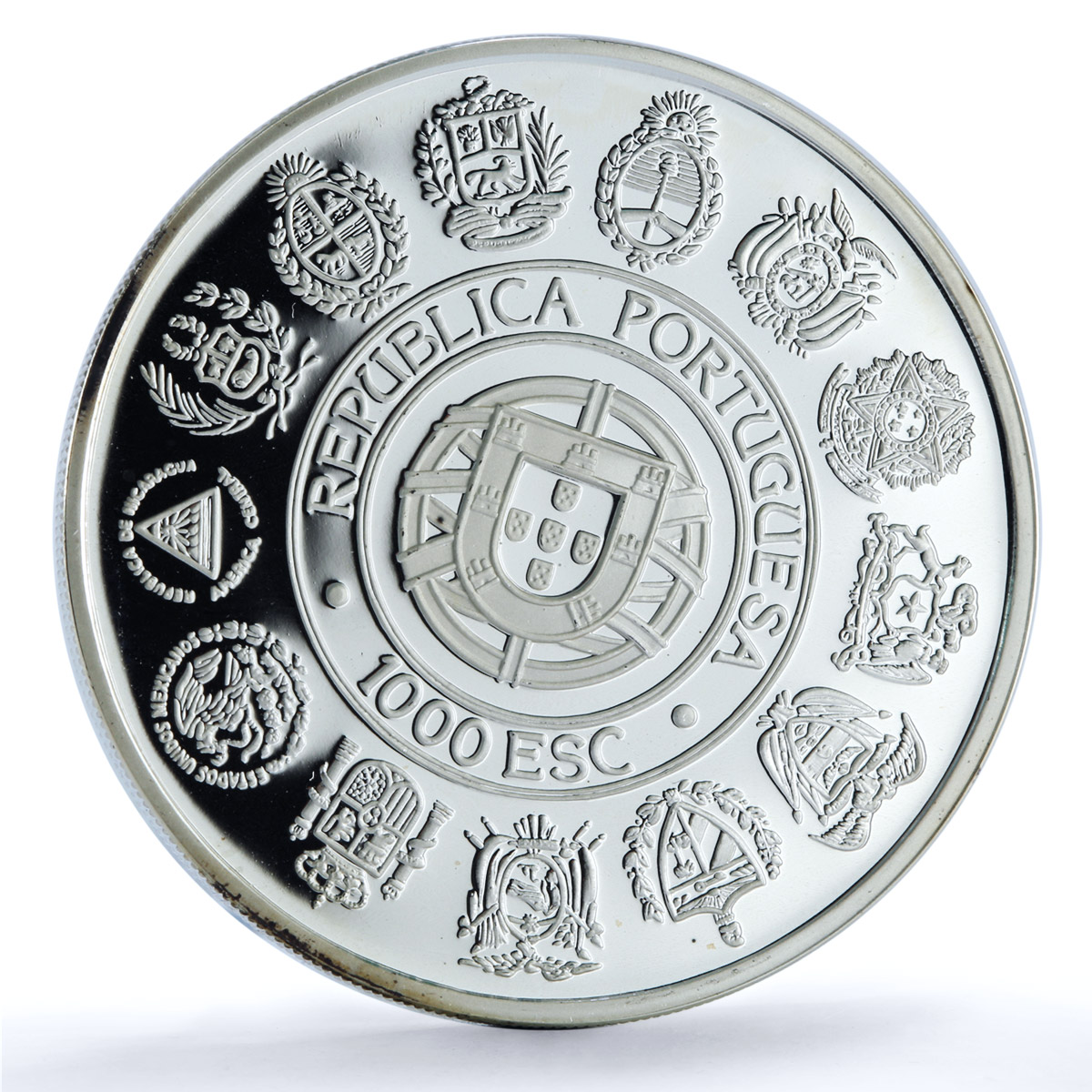 Portugal 1000 escudos Ibero-American Two Worlds KM-657a Ship silver coin 1992