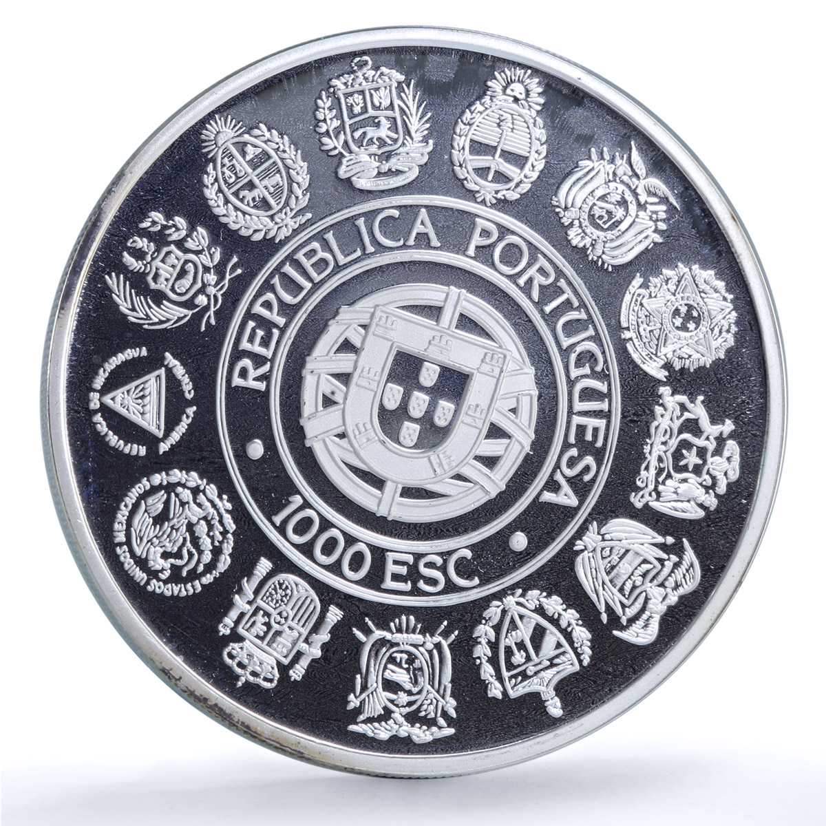 Portugal 1000 escudos Ibero-American Two Worlds KM-657a Ship silver coin 1992