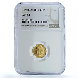 Chile 5 pesos Republic KM-153 MS 64 NGC gold coin 1895