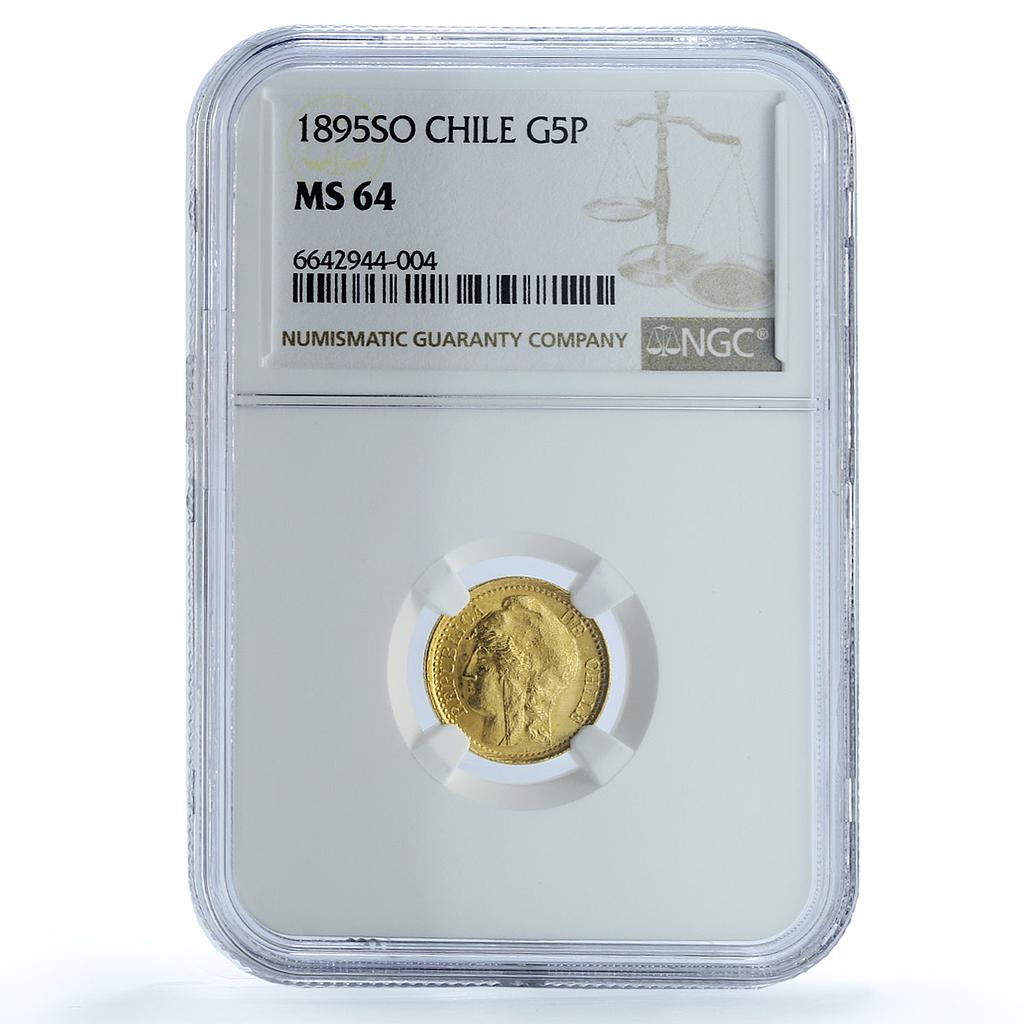 Chile 5 pesos Republic KM-153 MS 64 NGC gold coin 1895