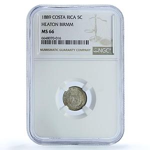 Costa Rica 5 centavos First Republic Heaton KM-128 MS 66 NGC silver coin 1889