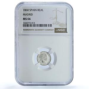 Spain 1 real Isabella II Madrid KM-606.2 Calico-422 MS 66 NGC silver coin 1860