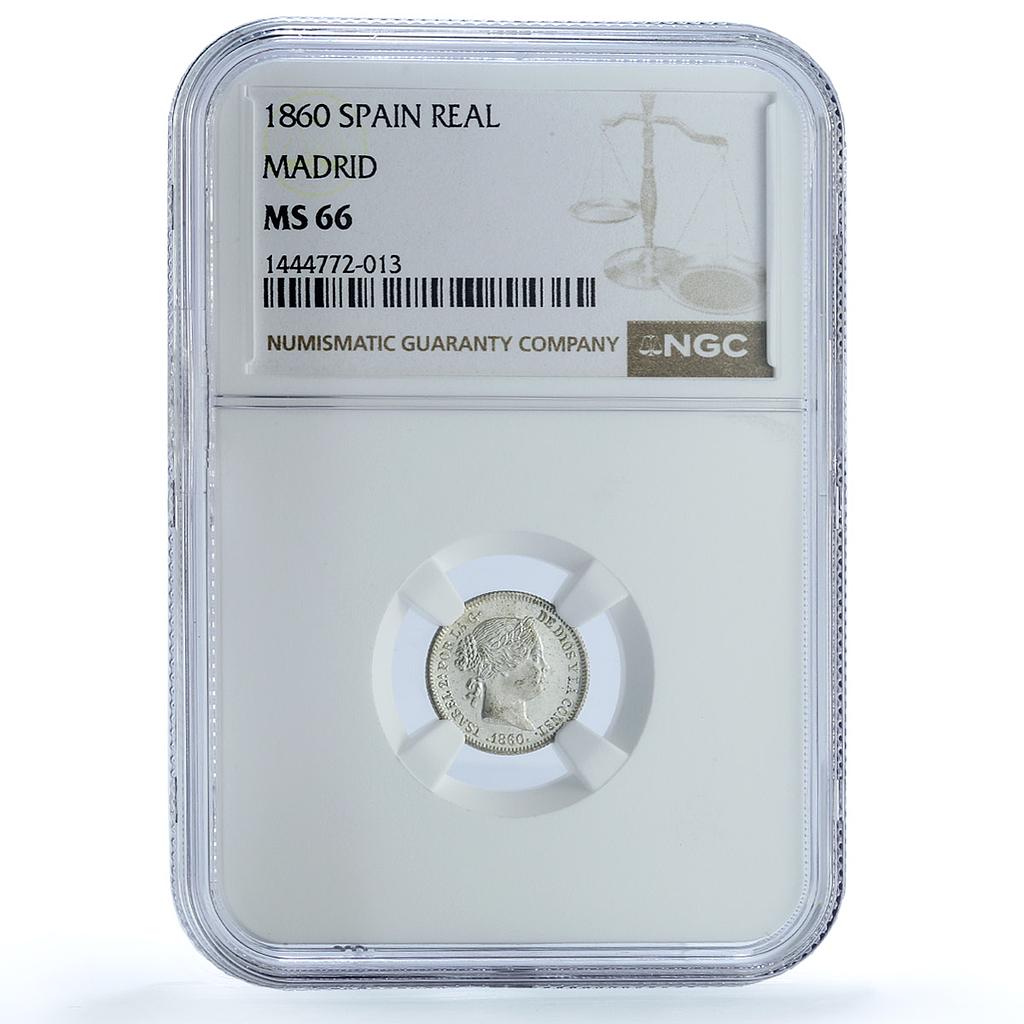 Spain 1 real Isabella II Madrid KM-606.2 Calico-422 MS 66 NGC silver coin 1860