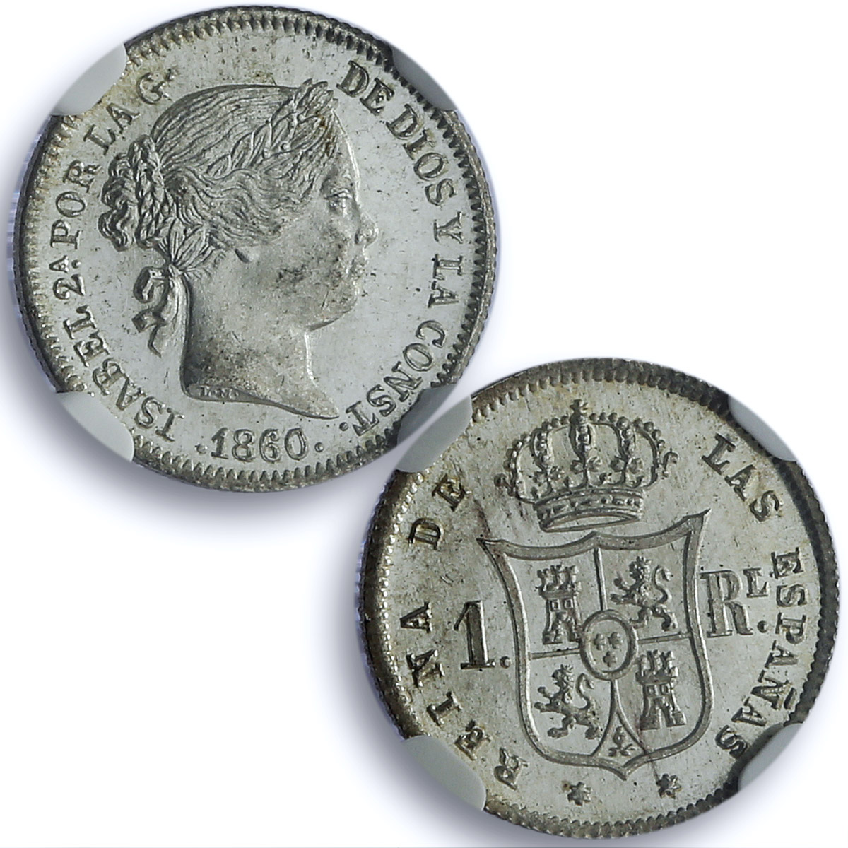 Spain 1 real Isabella II Madrid KM-606.2 Calico-422 MS 66 NGC silver coin 1860
