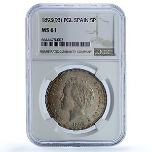 Spain 5 pesetas Alfonso XIII KM-700 Calico-19-23 MS 61 NGC silver coin 1893 PGL