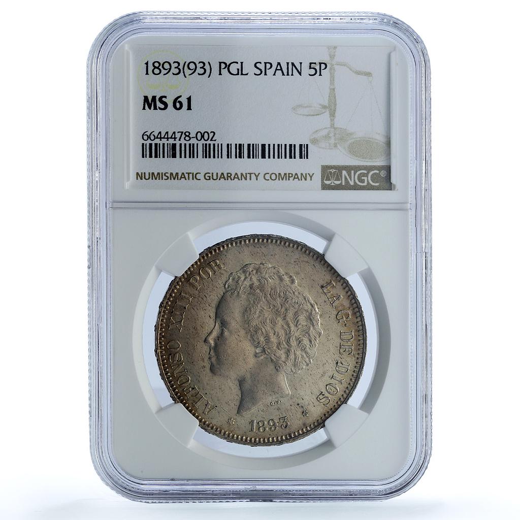 Spain 5 pesetas Alfonso XIII KM-700 Calico-19-23 MS 61 NGC silver coin 1893 PGL