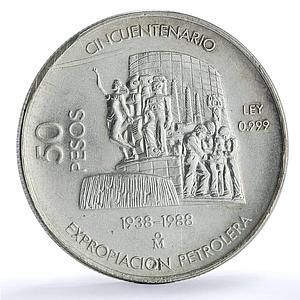 Mexico 50 pesos Oil Industry Nationalization KM-532 Monument silver coin 1988