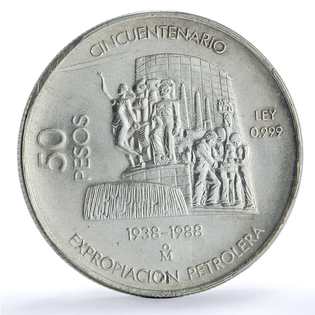 Mexico 50 pesos Oil Industry Nationalization KM-532 Monument silver coin 1988