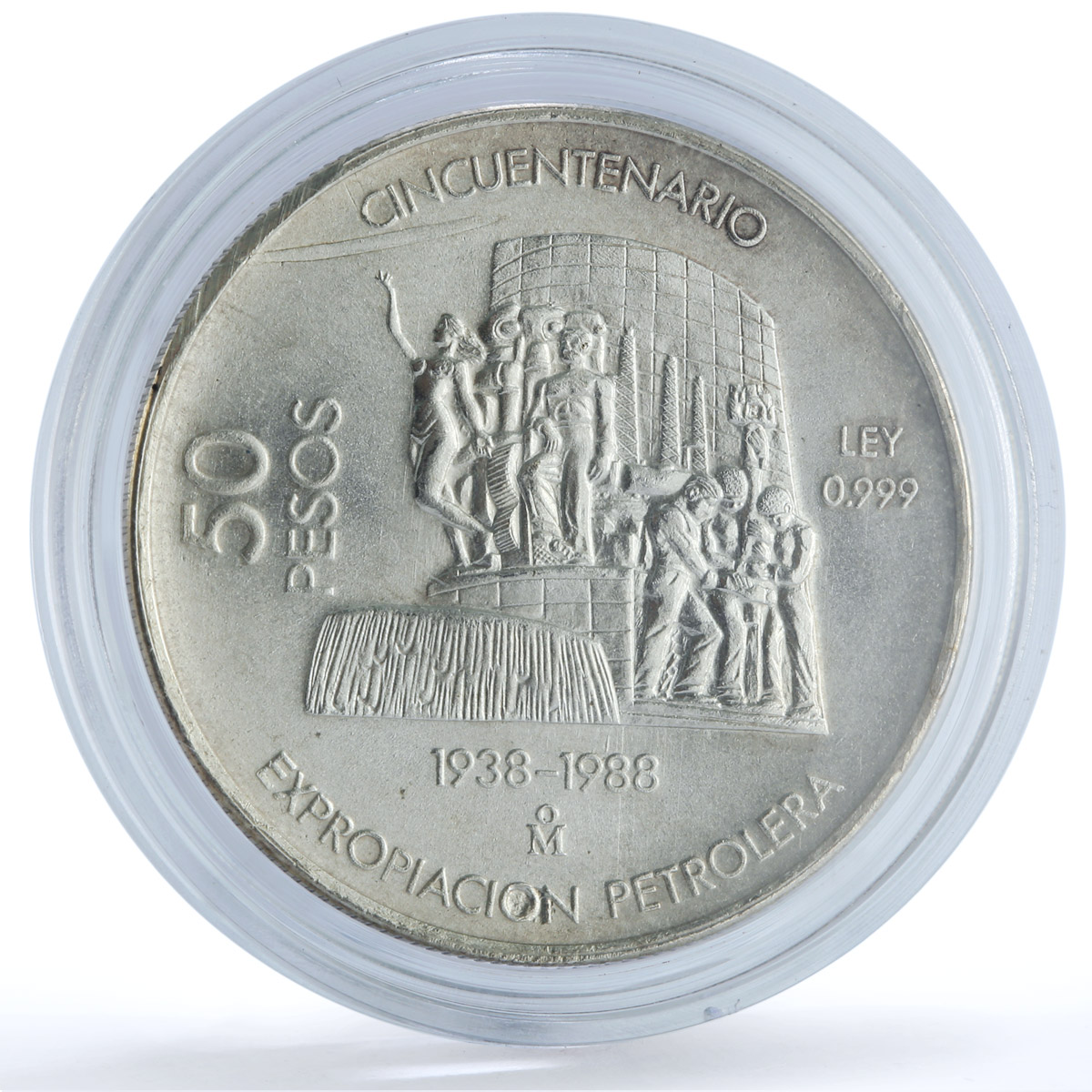 Mexico 50 pesos Oil Industry Nationalization KM-532 Monument silver coin 1988