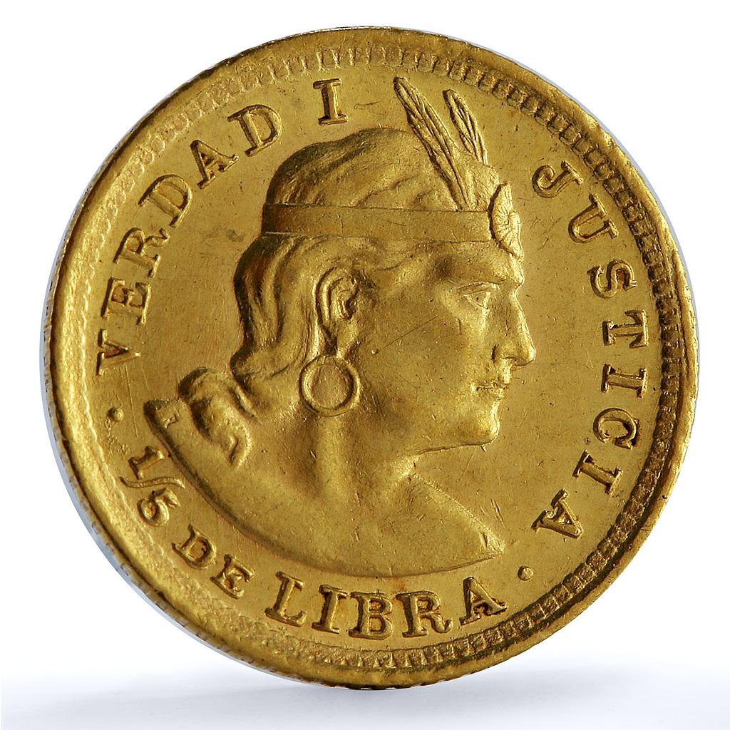 Peru 1/5 libra Republic Trade Coinage KM-210 Fr-75 gold coin 1907 GOZF