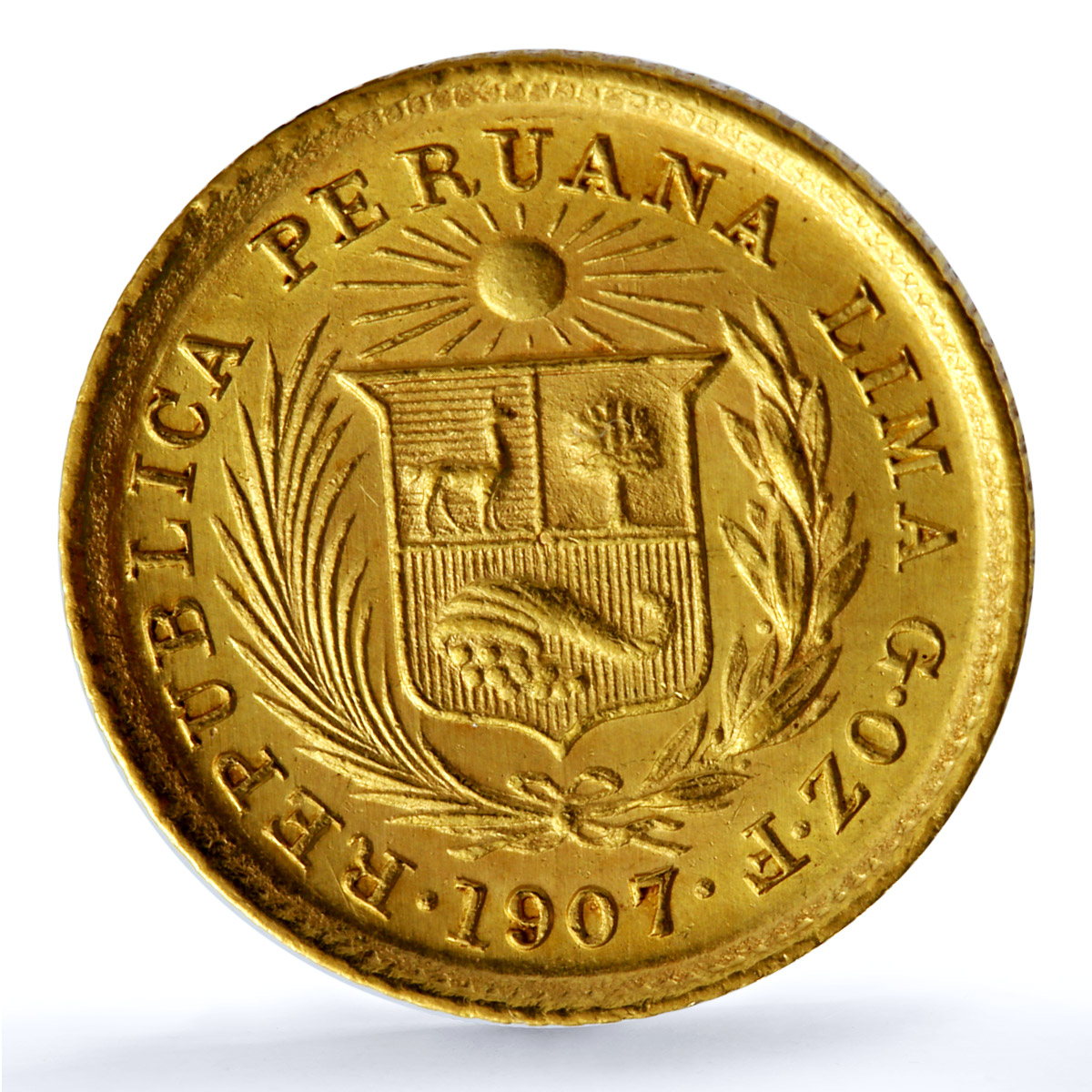 Peru 1/5 libra Republic Trade Coinage KM-210 Fr-75 gold coin 1907 GOZF