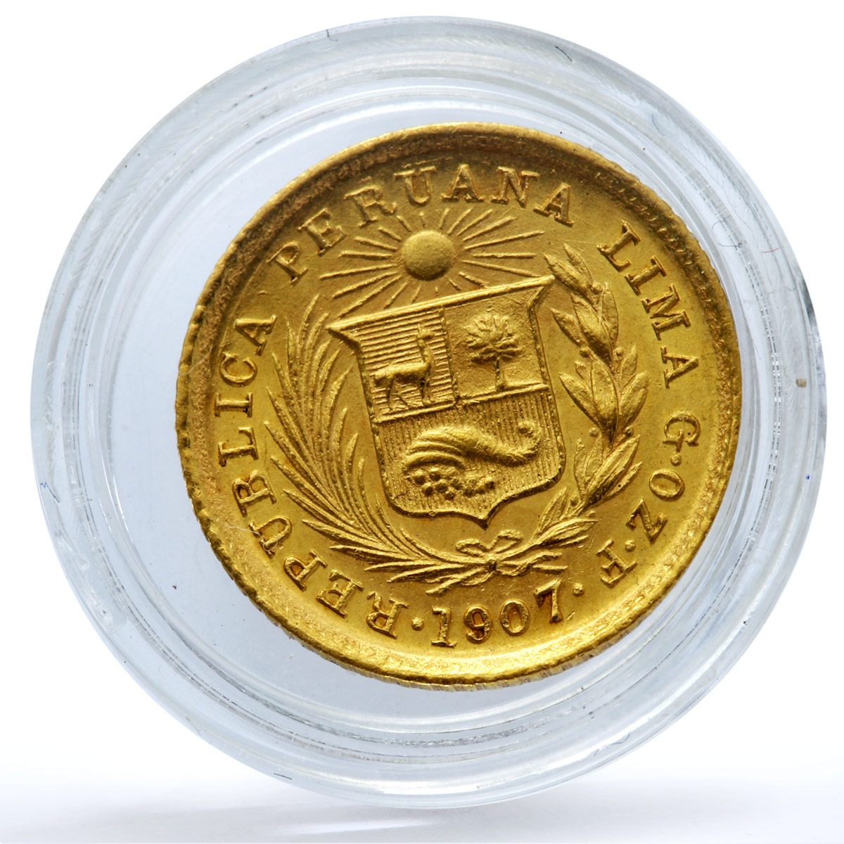 Peru 1/5 libra Republic Trade Coinage KM-210 Fr-75 gold coin 1907 GOZF