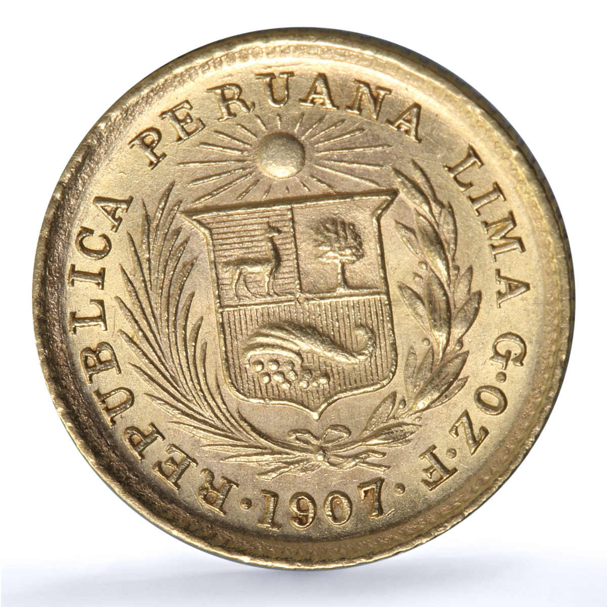 Peru 1/5 libra Republic Trade Coinage KM-210 Fr-75 gold coin 1907 GOZF