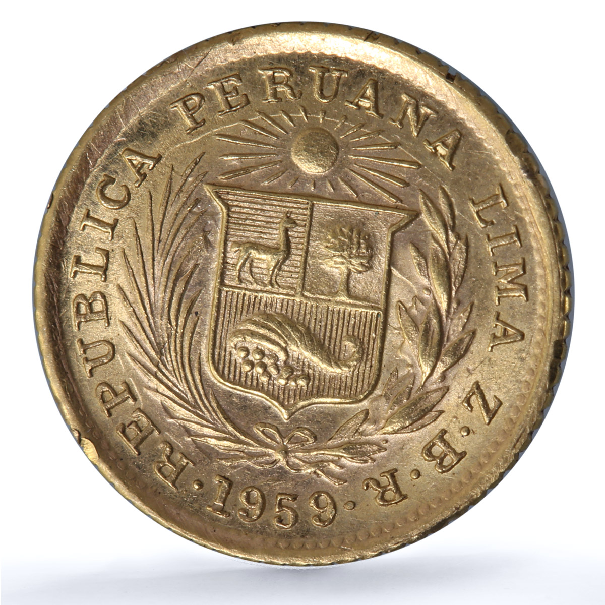 Peru 1/5 libra Republic Trade Coinage KM-210 Fr-75 gold coin 1959 ZBR