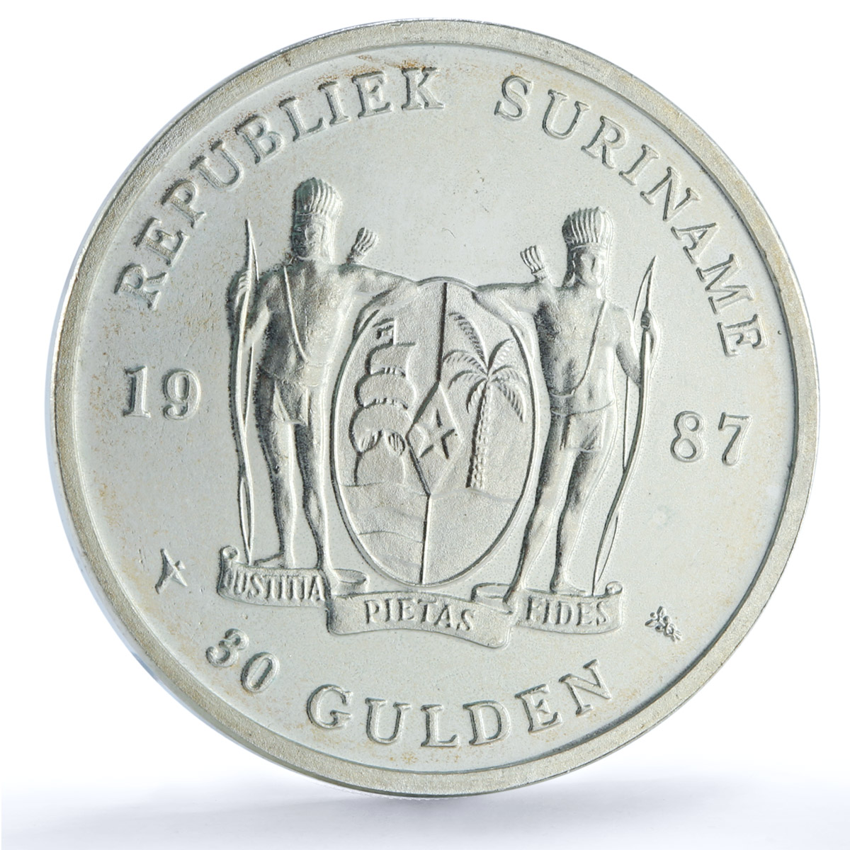 Suriname 30 gulden Central Bank KM-27 Anniversary Building silver coin 1987