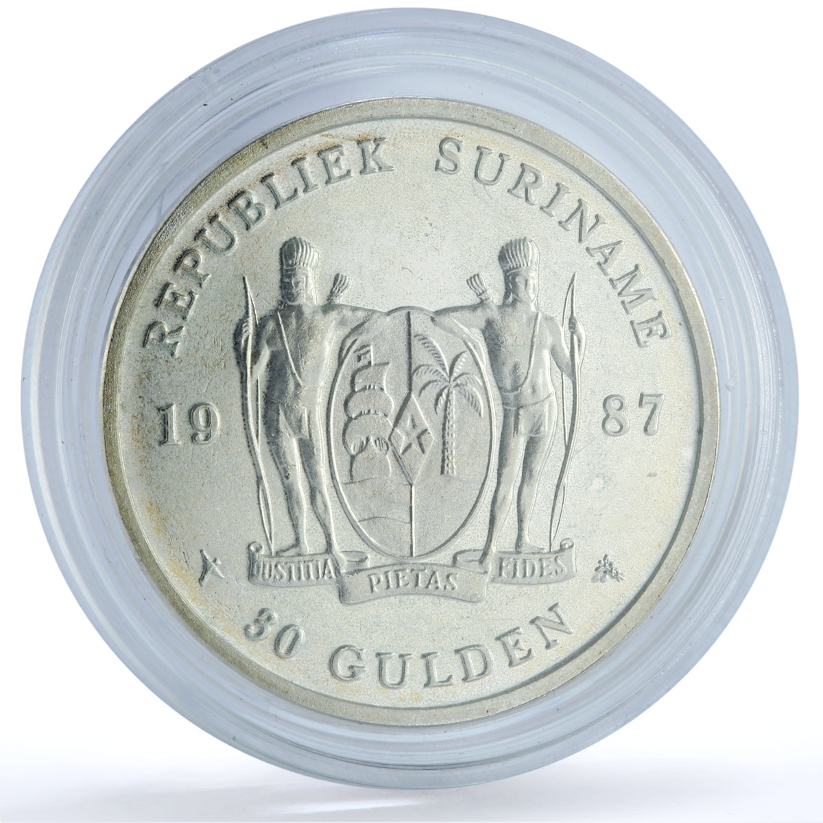 Suriname 30 gulden Central Bank KM-27 Anniversary Building silver coin 1987