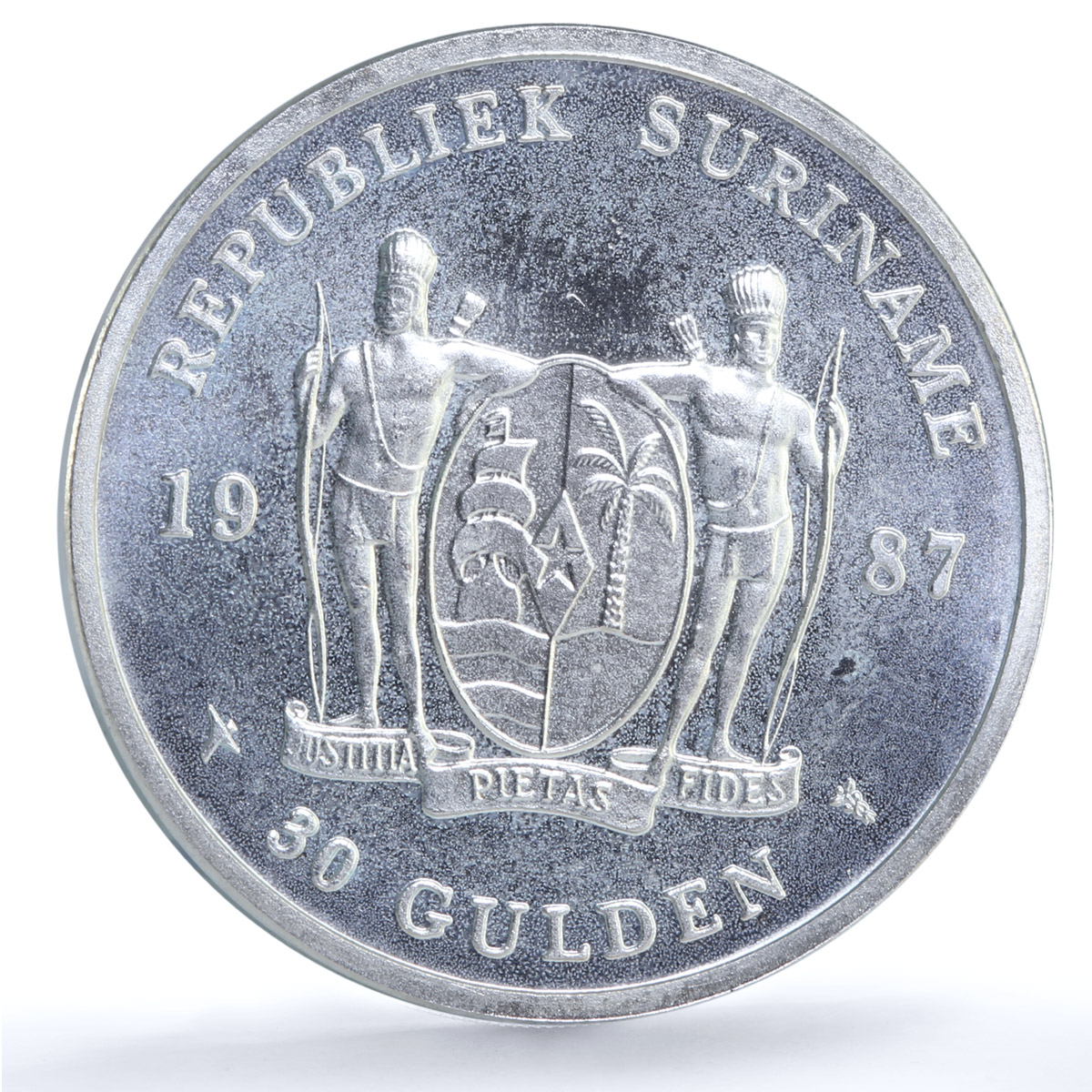 Suriname 30 gulden Central Bank KM-27 Anniversary Building silver coin 1987