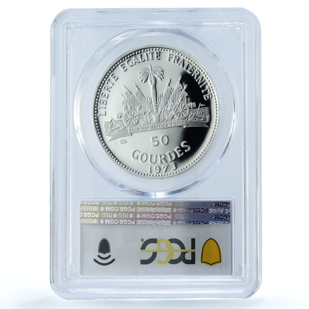 Haiti 50 gourdes Woman with Shell Mark Left KM-104.1 PR 69 PCGS silver coin 1973 Haiti 50 gourdes Woman with Shell Mark Left KM-104.1 PR 69 PCGS silver coin 1973