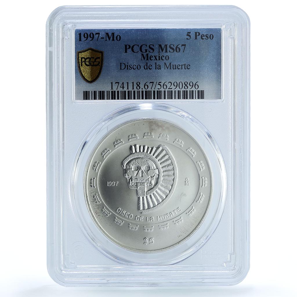 Mexico 5 pesos Disco Muerte KM-619 Precolombina MS 67 PCGS silver coin 1997 Mexico 5 pesos Disco Muerte KM-619 Precolombina MS 67 PCGS silver coin 1997