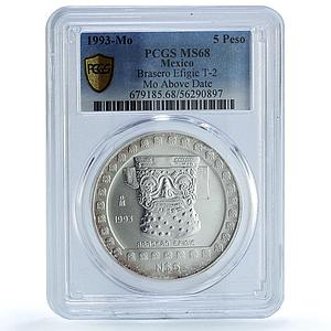 Mexico 5 pesos Brasero Efigie T2 KM-648 Precolombina MS 68 PCGS silver coin 1993
