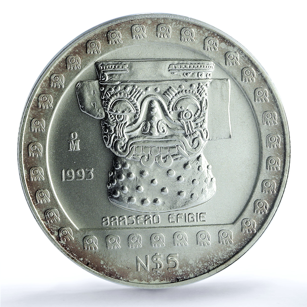 Mexico 5 pesos Brasero Efigie T2 KM-648 Precolombina MS 68 PCGS silver coin 1993 Mexico 5 pesos Brasero Efigie T2 KM-648 Precolombina MS 68 PCGS silver coin 1993