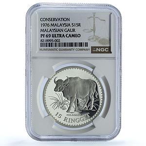 Malaysia 15 ringgit Gaur KM-19 Conservation Fauna Bull PF69 NGC silver coin 1976