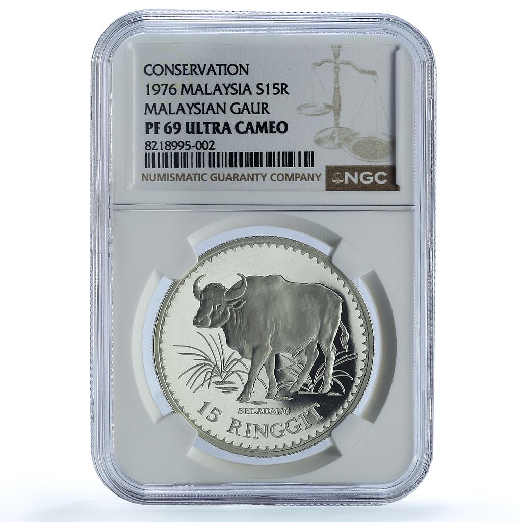 Malaysia 15 ringgit Gaur KM-19 Conservation Fauna Bull PF69 NGC silver coin 1976