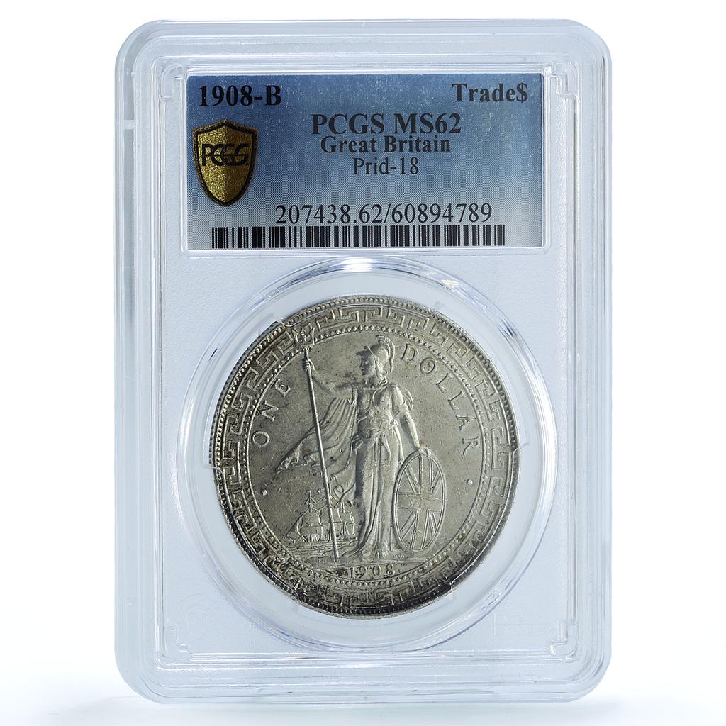 Great Britain 1 dollar Trade Dollar KM-T5 Prid-18 MS 62 PCGS silver coin 1908 B