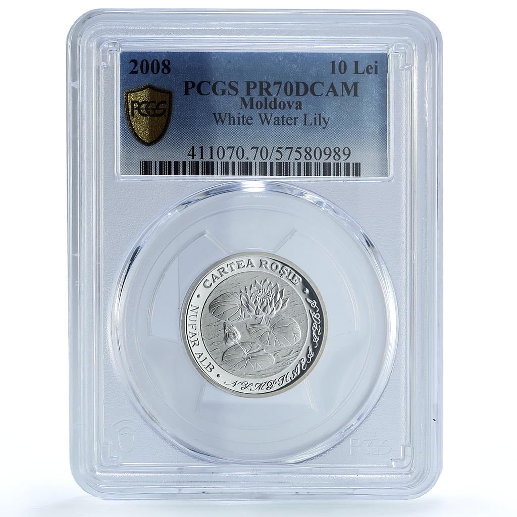 Moldova 10 lei Water Lily KM-43 Red Book Flora Flower PR70 PCGS silver coin 2008 Moldova 10 lei Water Lily KM-43 Red Book Flora Flower PR70 PCGS silver coin 2008