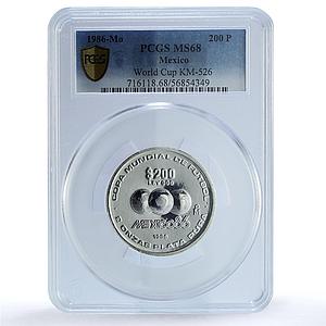 Mexico 200 pesos Football World Cup KM-526 Soccer MS 68 PCGS silver coin 1986