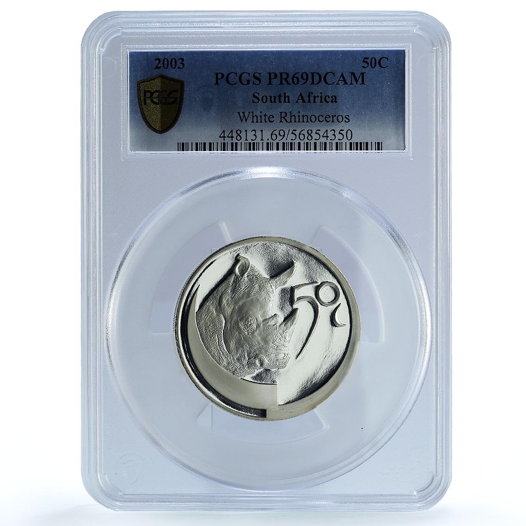 South Africa 50 cents White Rhinoceros KM-358 Fauna PR69 PCGS silver coin 2003 South Africa 50 cents White Rhinoceros KM-358 Fauna PR69 PCGS silver coin 2003