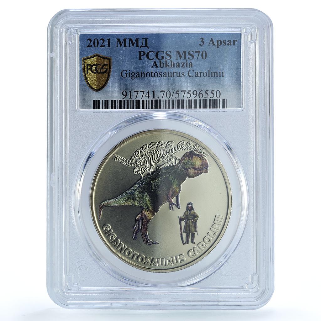 Abkhazia 3 apsar Giganotosaurus Carolinii Dinosaurs MS 70 PCGS nickel coin 2021 Abkhazia 3 apsar Giganotosaurus Carolinii Dinosaurs MS 70 PCGS nickel coin 2021