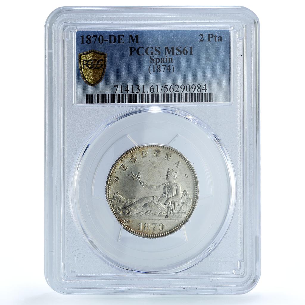 Spain 2 pesetas Provisional 1874 KM-654 Cal-10 MS 61 PCGS silver coin 1870 DE M Spain 2 pesetas Provisional 1874 KM-654 Cal-10 MS 61 PCGS silver coin 1870 DE M