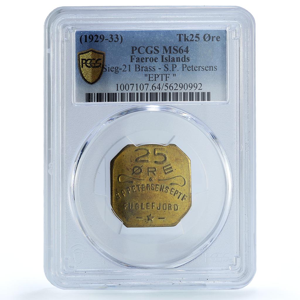 Faeroe Islands S P Petersen 25 Ore Token Sieg-21 MS 64 PCGS brass 1929 - 1933 Faeroe Islands S P Petersen 25 Ore Token Sieg-21 MS 64 PCGS brass 1929 - 1933