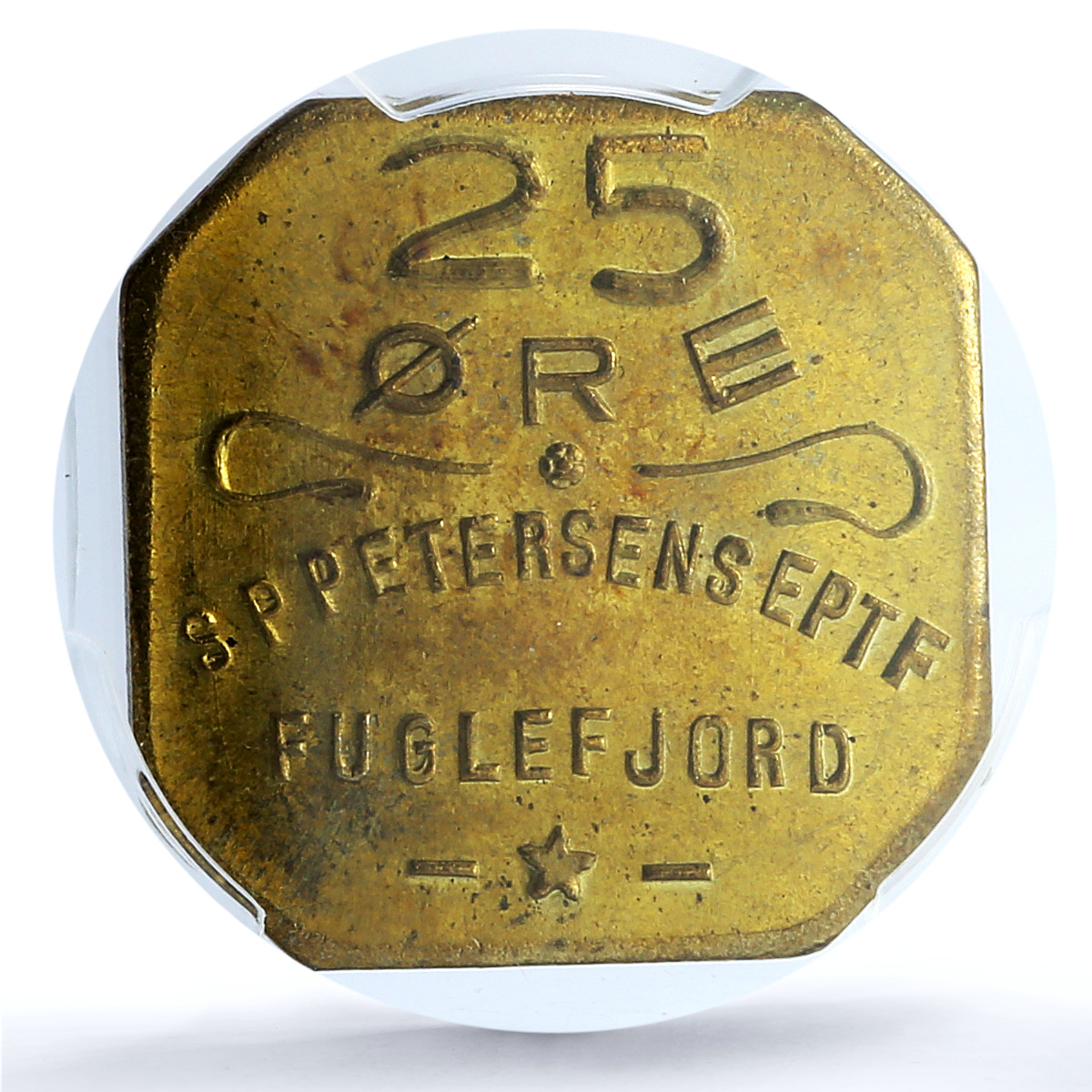 S (1929-33) Tk25 Øre Sieg-21 Brass - S.P. Petersens "EPTF " S (1929-33) Tk25 Øre Sieg-21 Brass - S.P. Petersens "EPTF "